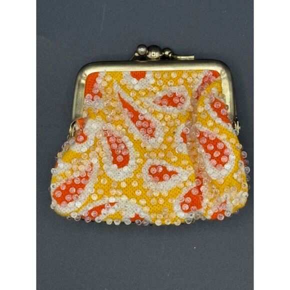 Vintage 50s Beaded Coin Change Purse Yellow Orange Hong Kong - Picture 2 of 5